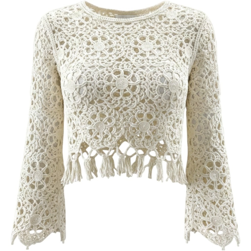 Crochet Top‎ Womens Size 1 Cream Floral Lace Tassel Boho 70s Festival